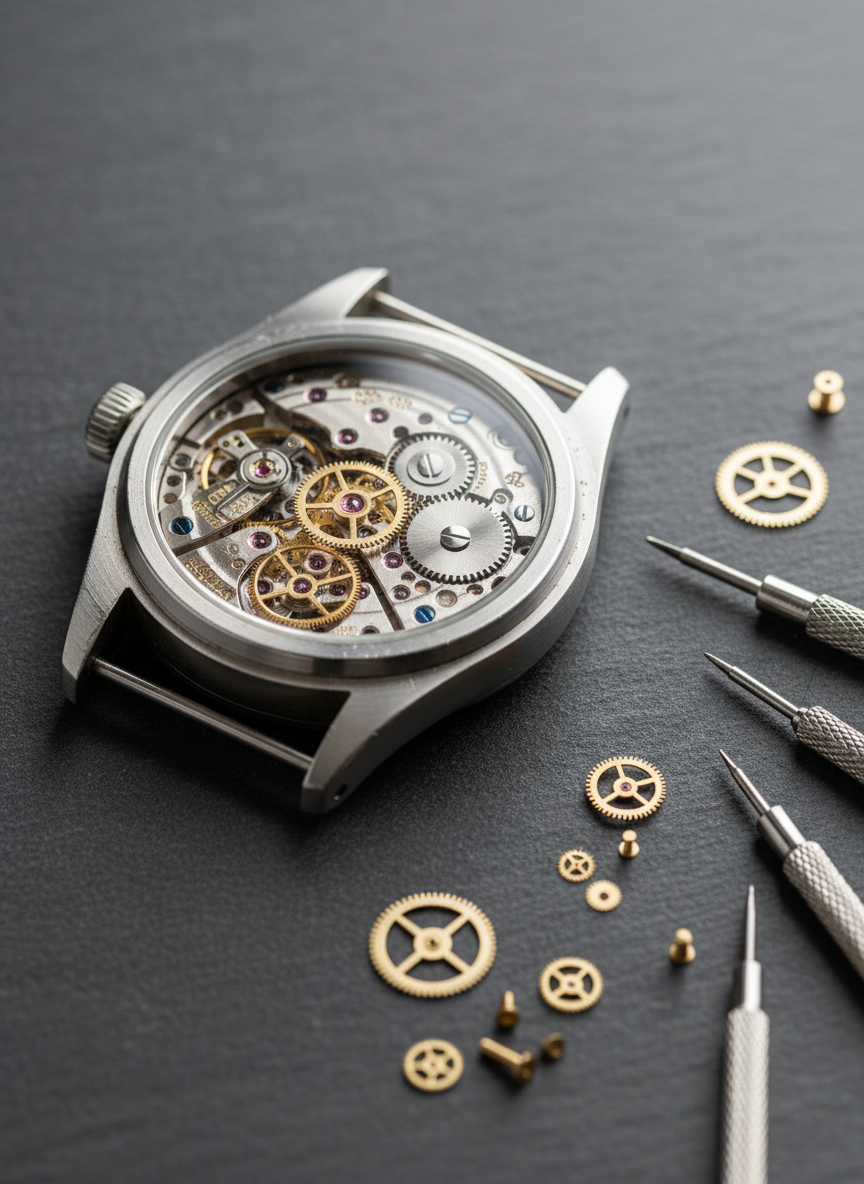 A meticulously rebuilt mechanical watch with an open skeleton dial, gears and springs exposed, lying on a slate-gray surface beside scattered tiny precision tools and loose brass cogs. The stainless-steel casing shows faint scuffs, while the internal components gleam with polished resilience. Soft, diffused overcast light from the right creates gentle reflections on the metal and subtle shadows between the gears. Shot from a slightly elevated, close-up angle with shallow depth of field, background fading into a smooth blur. The atmosphere is focused and deliberate, suggesting leadership as a process of careful reconstruction and alignment. Photographic realism with a modern, minimalist, professional feel.