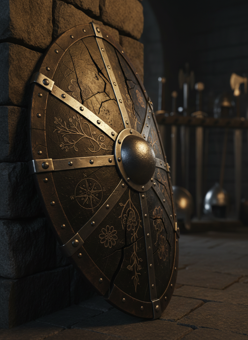 A cracked, battle-worn shield made of dark metal and distressed leather, repaired with precise rivets and new reinforcing bands, leaning against a rough stone wall in a quiet armory. The shield’s surface bears etched symbols of growth and purpose, partially illuminated by warm, low side lighting from a lantern just out of frame. The light creates dramatic highlights on the repaired seams and deep shadows around the edges. Captured at eye level using the rule of thirds, with the foreground sharply in focus and the background of blurred weapon racks receding into darkness. Photographic realism with a solemn, reflective mood, evoking strength rebuilt after impact.