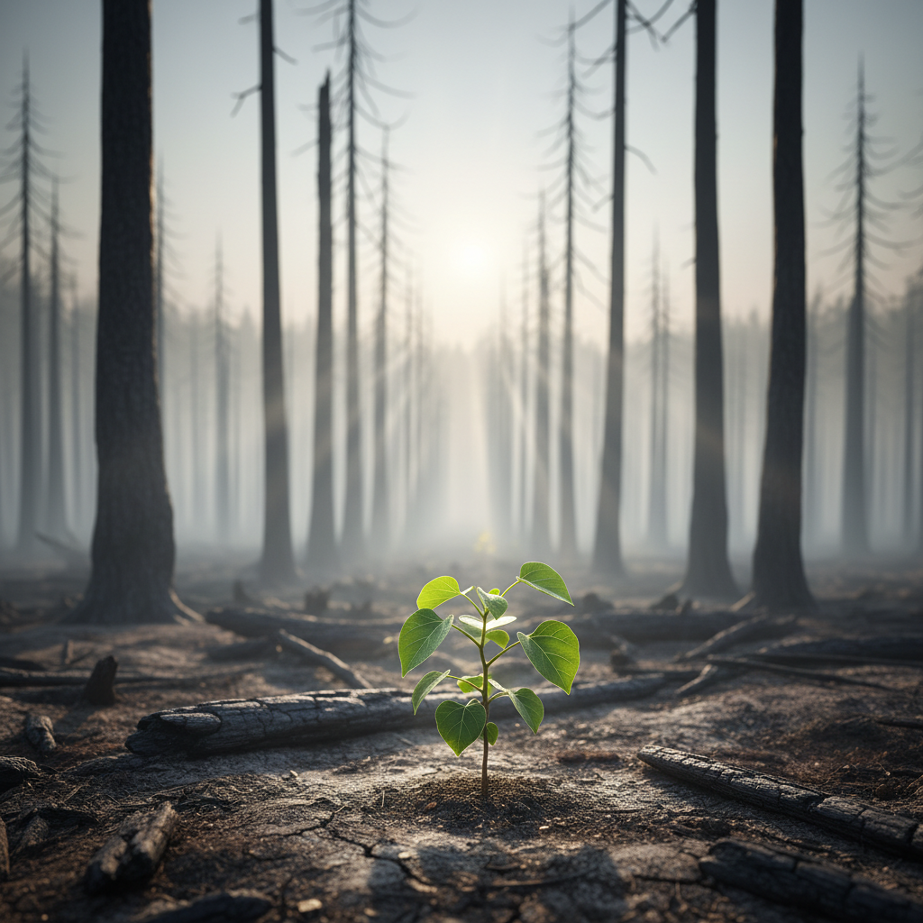 A dense, burned forest with rows of blackened tree trunks standing like silent sentinels, interrupted by a single young sapling emerging from ash-covered soil, its leaves a vivid, fresh green. The ground is textured with charred bark, cracked earth, and faint signs of new growth. Soft early-morning sunlight breaks through lingering smoke and haze, casting long, gentle rays that highlight the tiny plant while leaving the background in muted tones. Photographic realism with a wide-angle, eye-level composition using the rule of thirds, foreground sapling in sharp focus and background trees gradually blurring. The atmosphere is quiet yet hopeful, symbolizing leadership rising from devastation with renewed purpose.