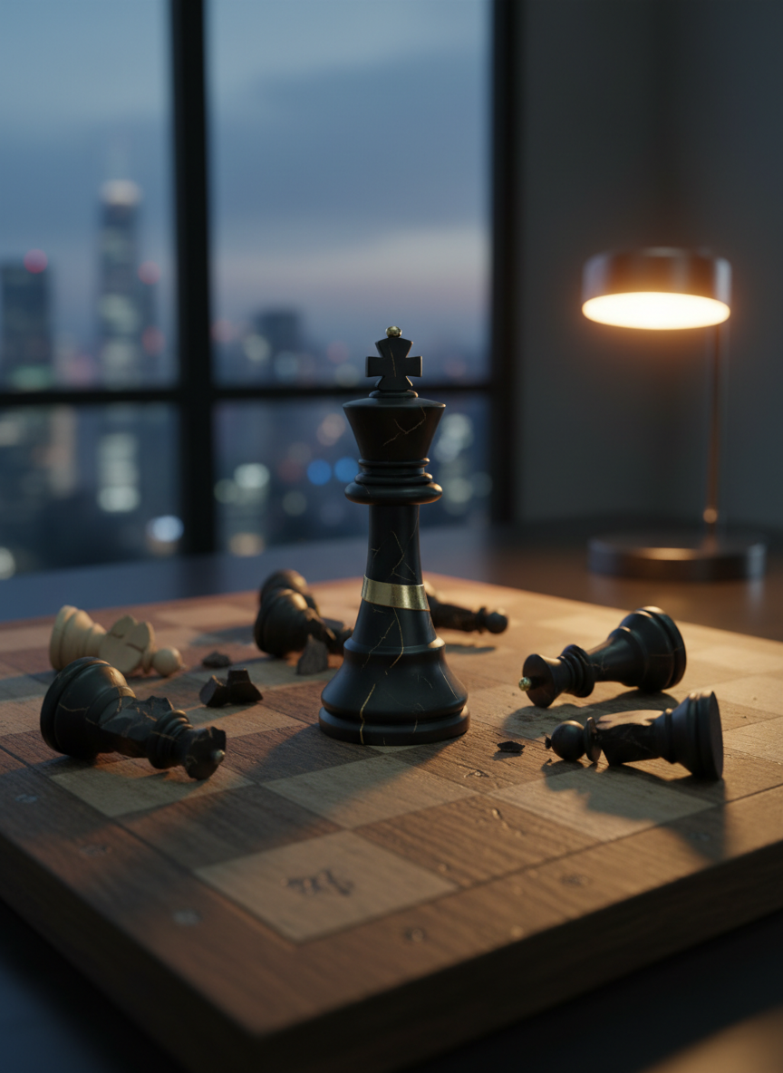 A minimalist, matte-black chess king standing firm at the center of a wooden board, its surface slightly chipped and repaired with a thin metallic band, surrounded by toppled and cracked pieces lying in soft focus. The board rests on a clean, dark desk near a large window in a modern office setting, with city lights blurred in the distant background. Cool, diffused evening light mixes with a subtle warm desk lamp glow, creating balanced, professional illumination and gentle reflections on the pieces. Shot from a low, close-up angle to emphasize the king’s presence, using shallow depth of field. The mood is strategic and contemplative, portraying leadership that has endured setbacks yet remains purposeful.